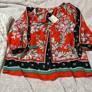 Fig and Flower Orange Floral Blouse with Green Accents. Size Petite XL.
